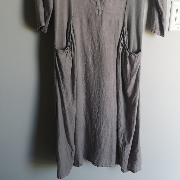 Terzo Millenio 100% Linen Grey Fitted Midi dress 3/4 Sleeve - Picture 4 of 5